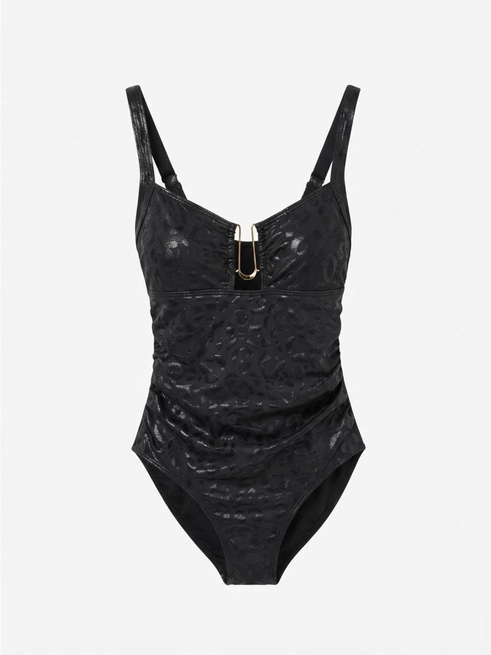 Composition Black One-Piece Swimsuit with V-Plunge and Gold Accent